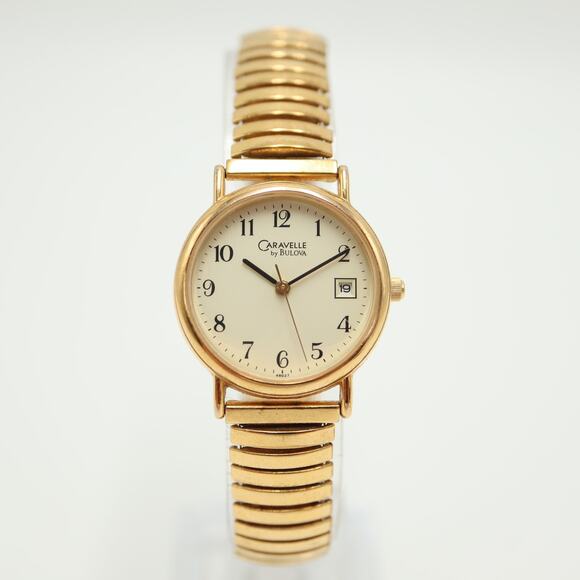 Caravelle by Bulova Gold Tone Watch 27mm Cream Date Expansion Band w New Battery - Picture 6 of 12